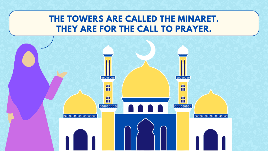 image shows a muslim woman next to a masjid (mosque) and saying the towers are called the minaret where the prayer call is made