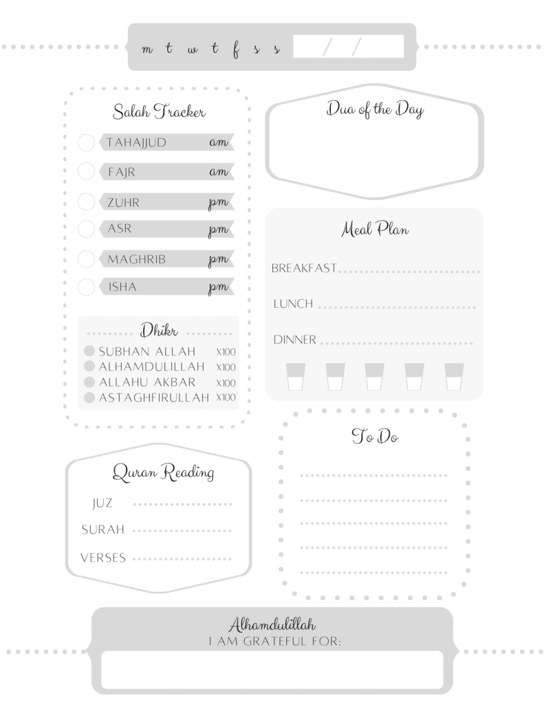 muslim daily planner page in grayscale